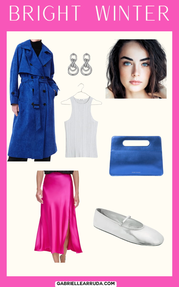 blue trench, pink skirt, silver tank, for bright winter outfit for spring capsule wardrobe