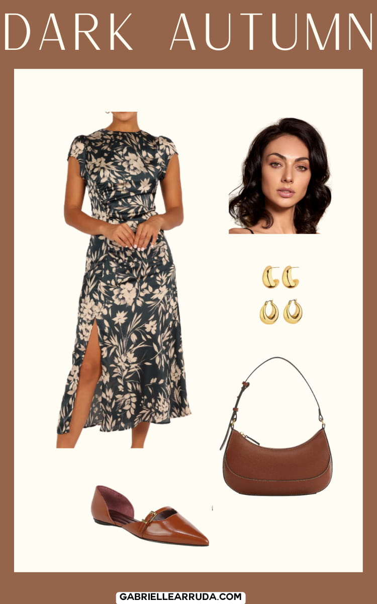dark autumn spring outfit dress with flats and gold earrings