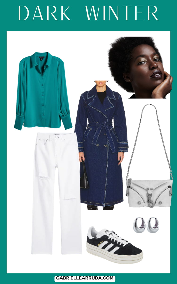 dark winter outfit for spring with denim trench, silk blouse, and white jeans