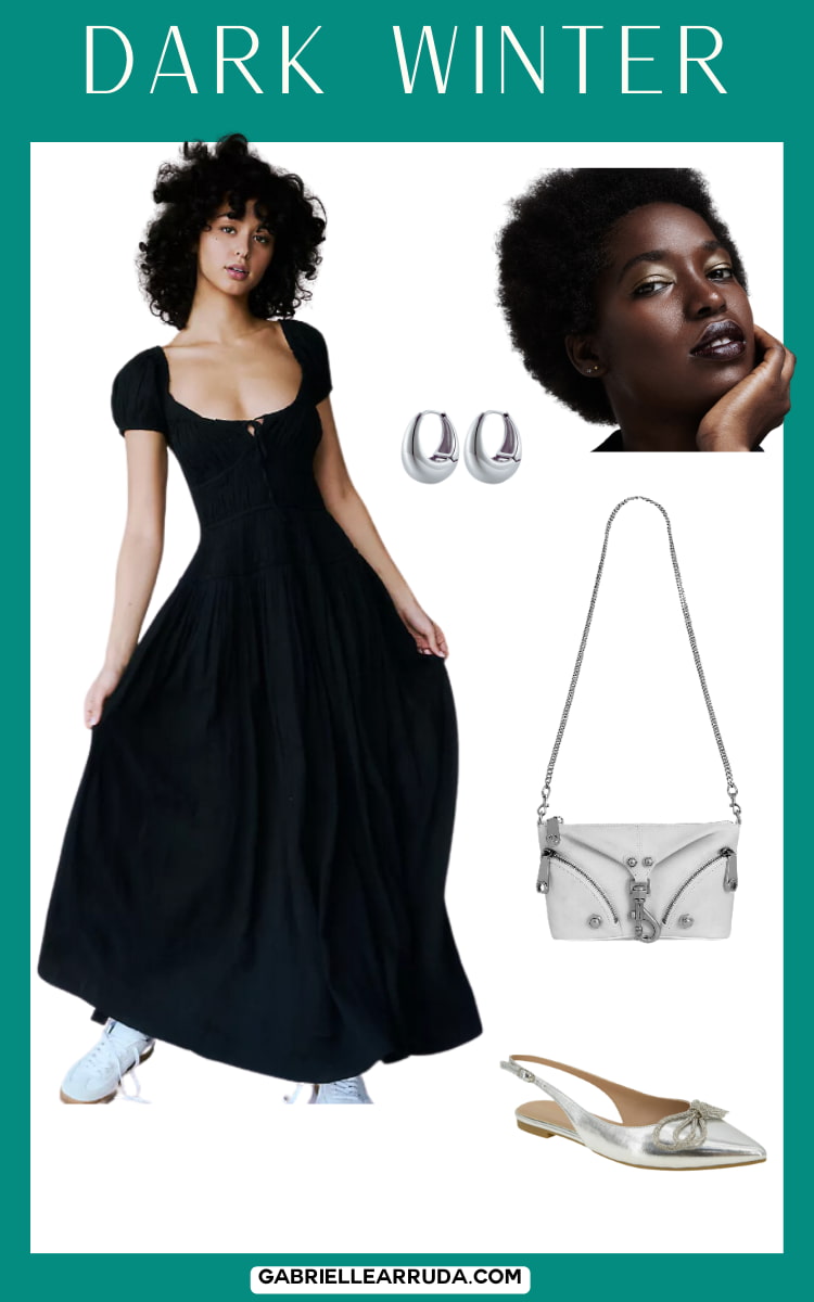 black dress for spring for dark winter outfit with silver flats and white purse