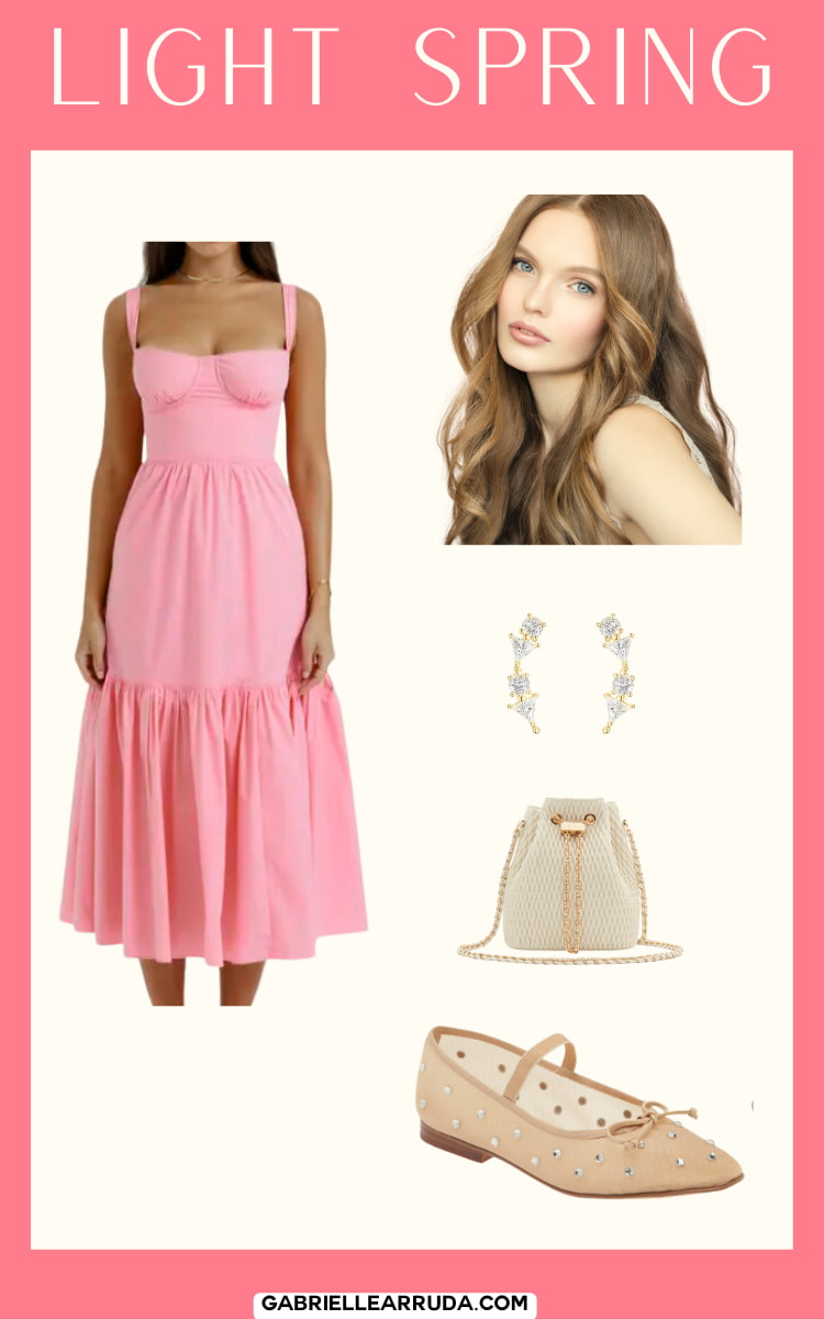 pink dress, mesh shoes, and cream bag for light spring