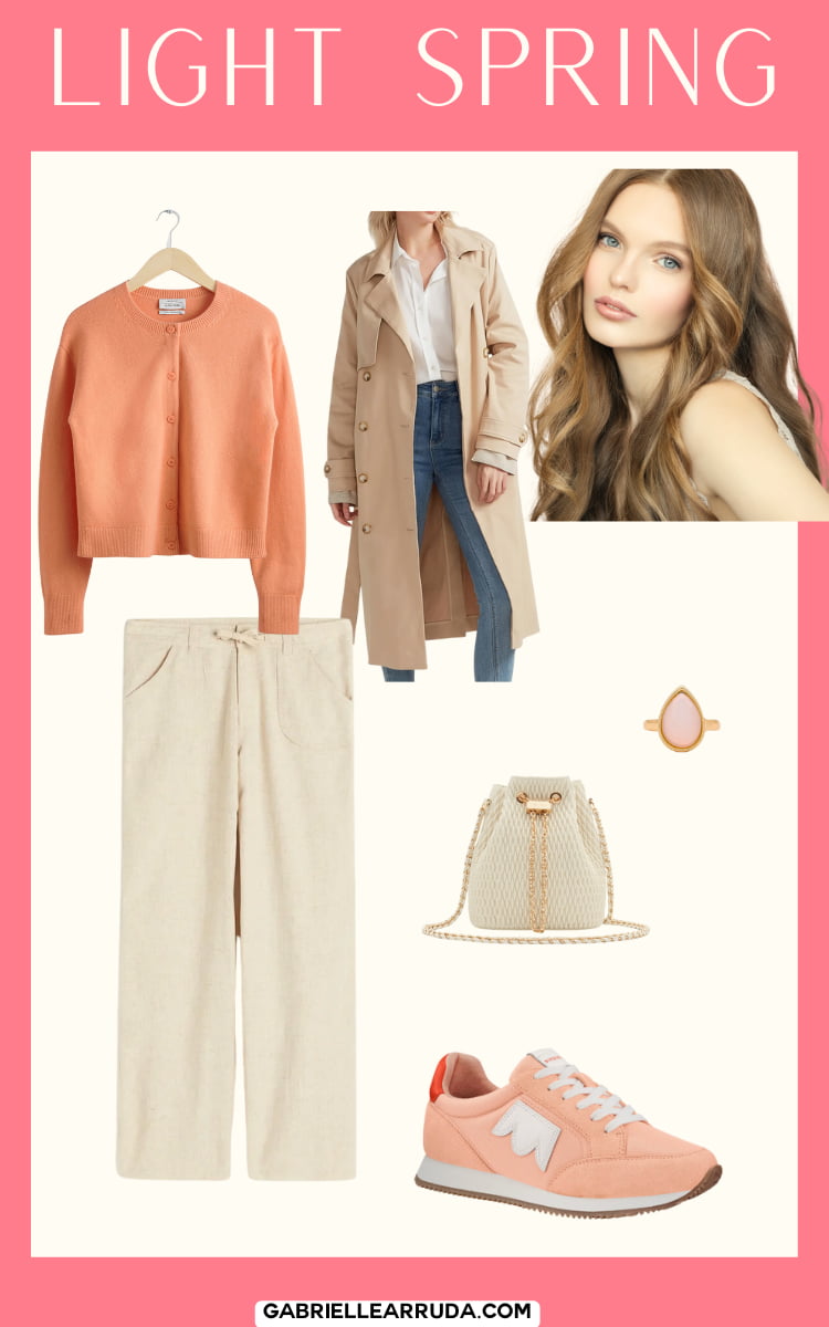 peach sweater, tan pants and light trench with peach sneakers for light spring