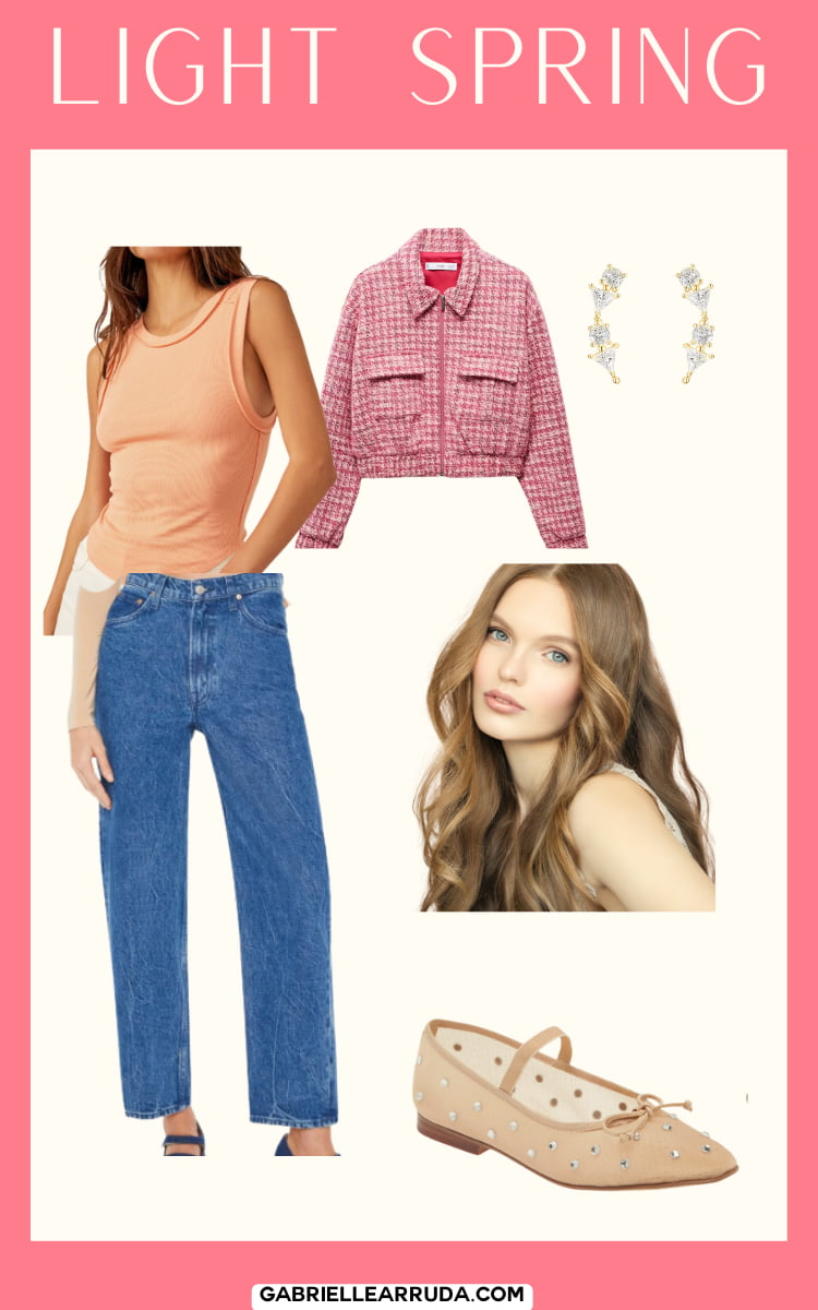 jeans outfit with peach tank and pink jacket for light spring