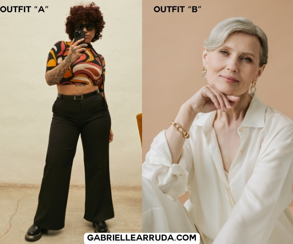 plus size woman wearing funky print crop top with docs and trousers labeled outfit A. next to "outfit B" older woman in white blouse and classic trousers with simple gold bracelet
