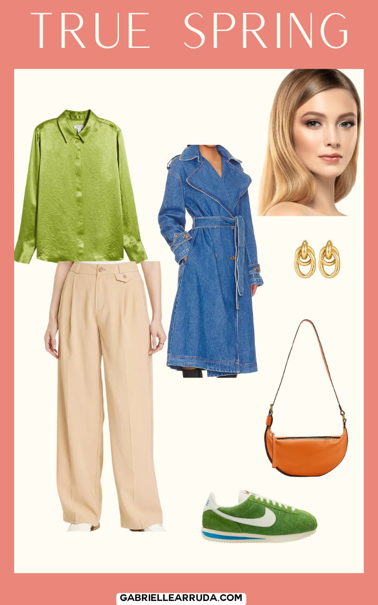 true spring outfit with green blouse, tan pants, and denim tench