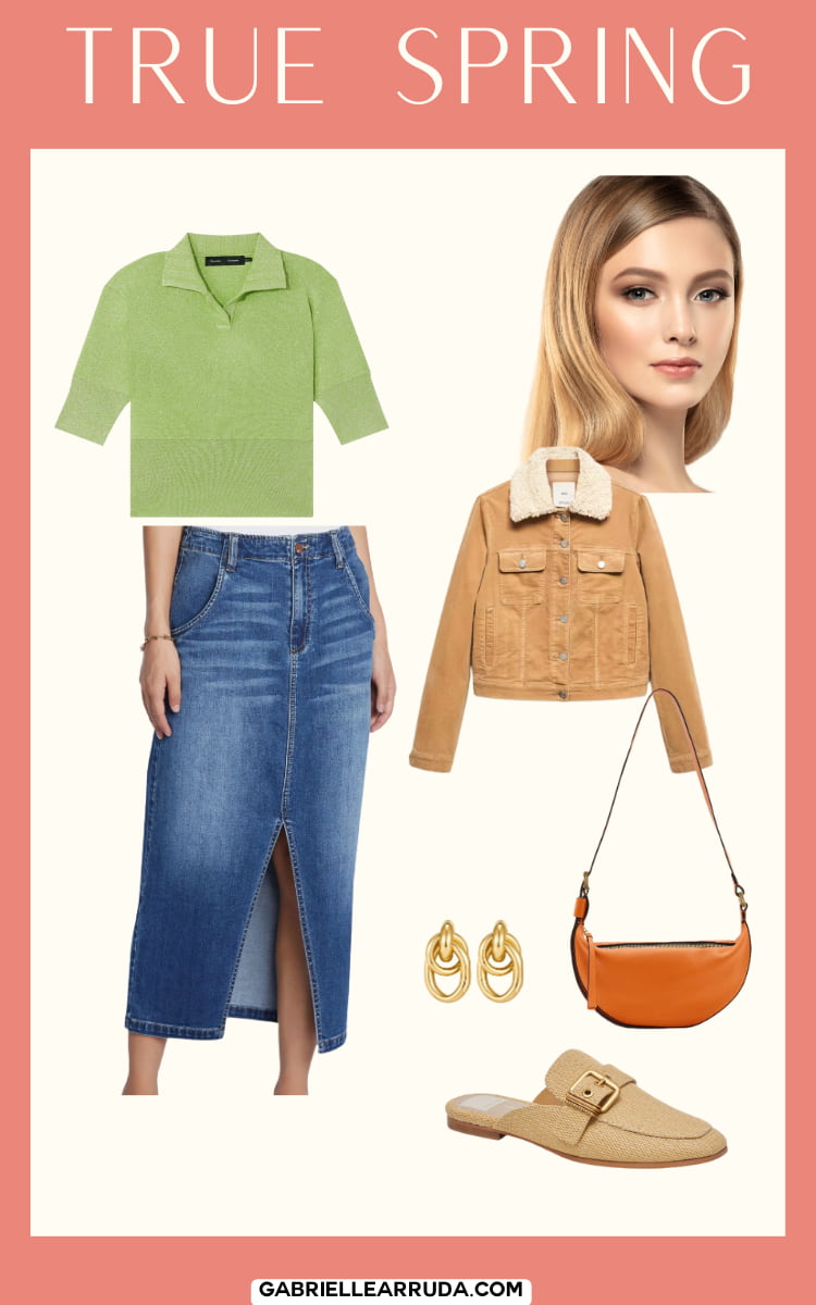 green knit top, denim skirt, and brown jacket with orange purse