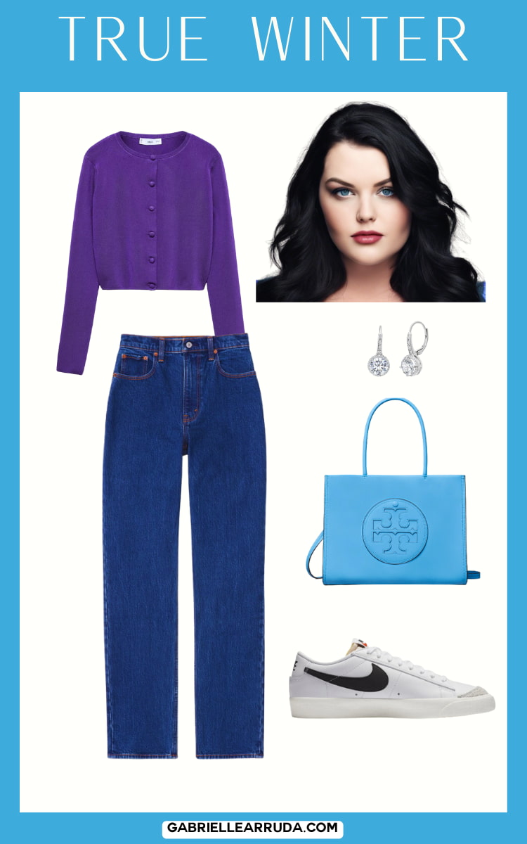 true winter outfit for spring with purple cardigan jeans and nike sneakers