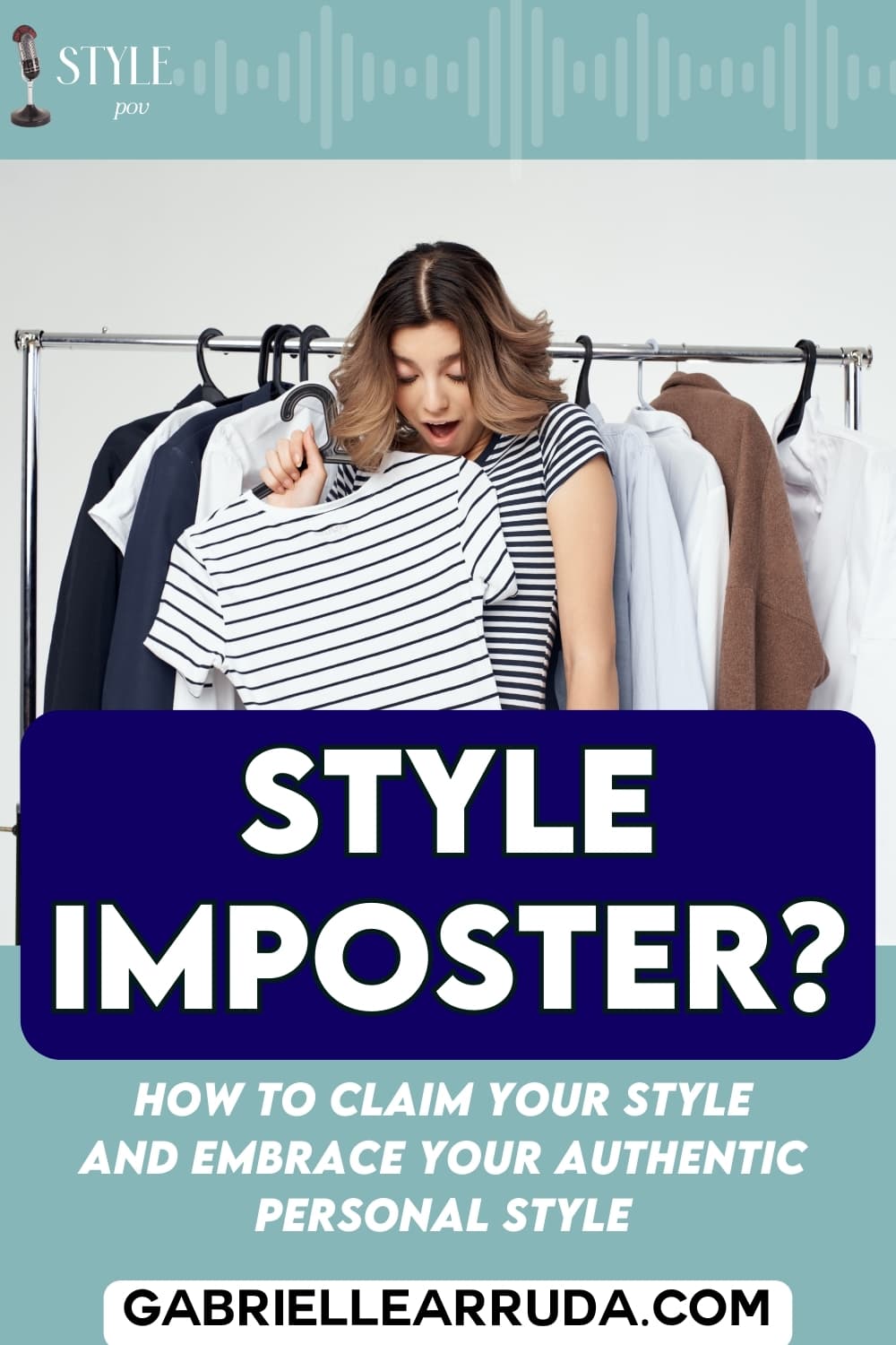 woman looking at clothes in shock with "style imposter text"