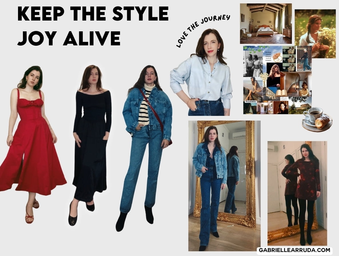 gabrielle arruda outfit pictures and inspirations with "keep the style joy alive" text