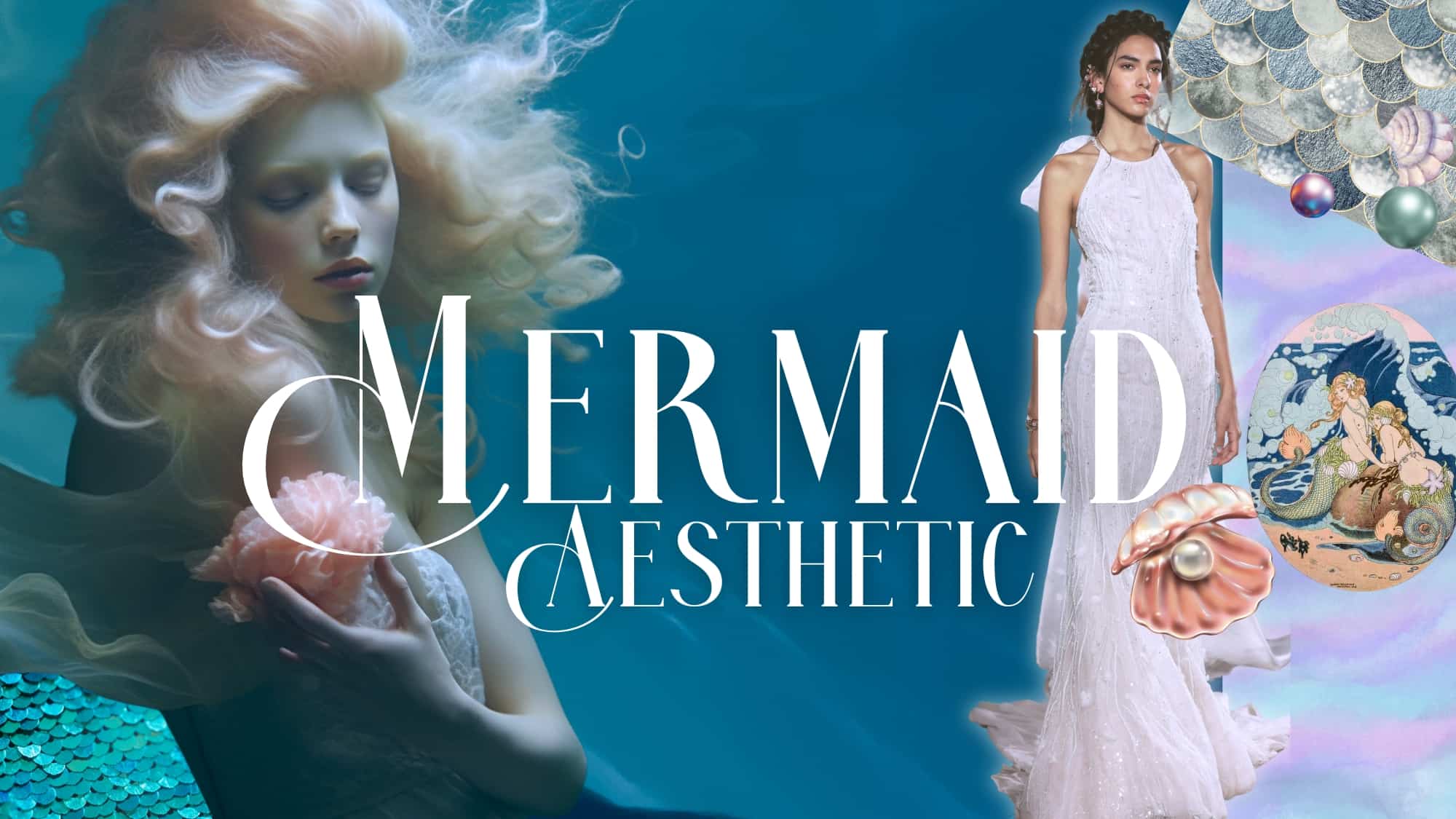 mermaid aesthtic with woman in floaty dress under water and runway fashion image