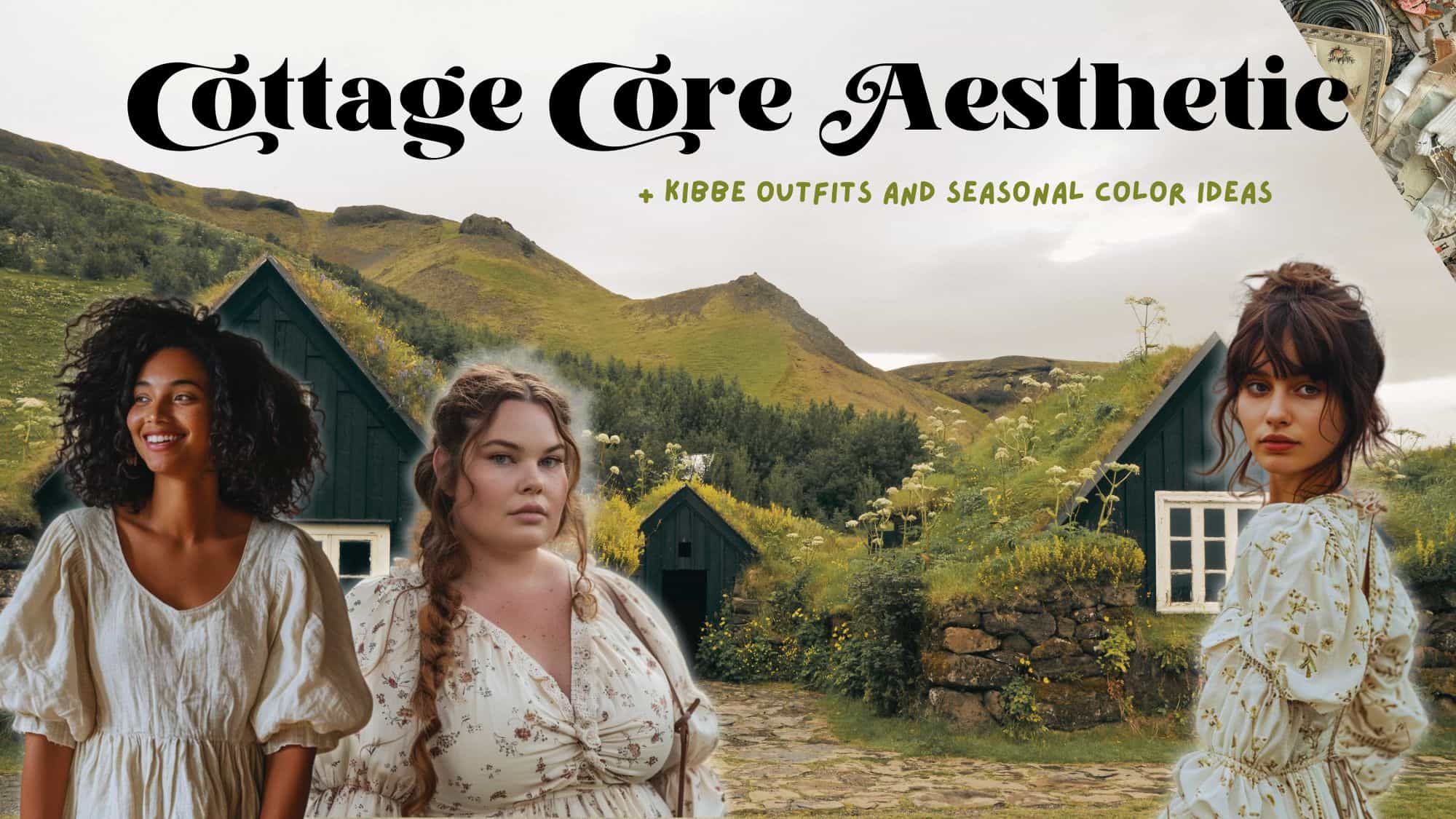 cottage core aesethtic with kibbe and seasonal color outfits, image of women in cottage core outfits with green field and cottage behind them