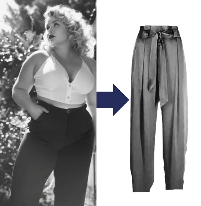 curvy woman outfit photo next to potential pant option for her